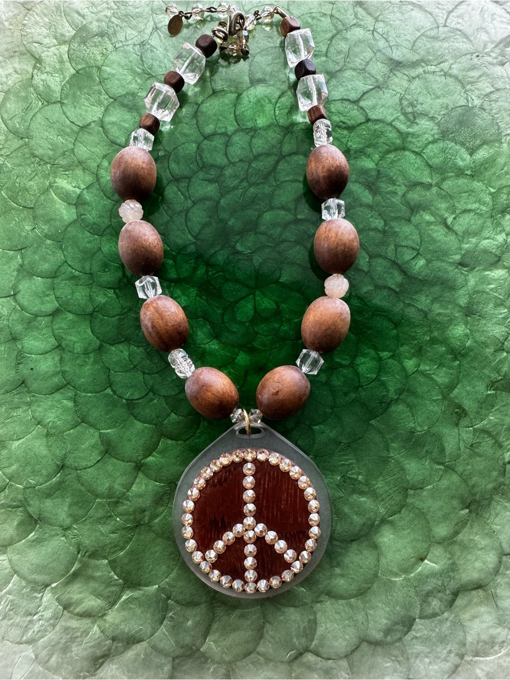 Tarina Tarantino Brown Wood Beaded Peace Pendant Necklace